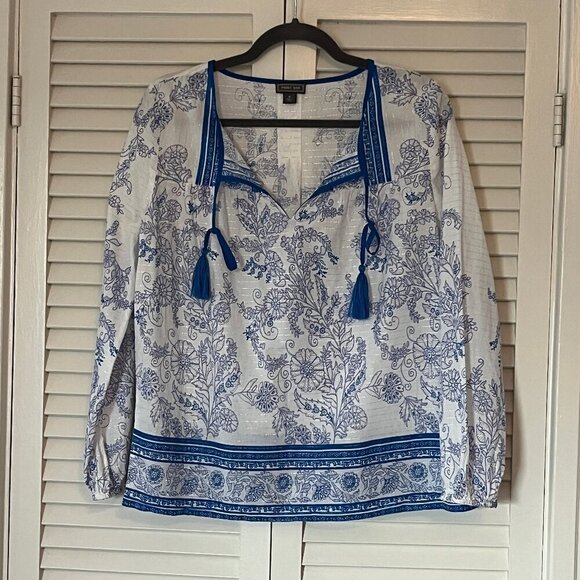 J. Crew Point Sur Tassel Tunic Popover Top small blue white metallic - Picture 3 of 10